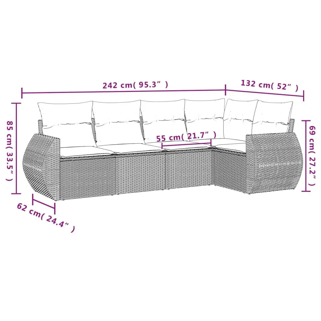 5 Piece Garden Sofa Set PE Rattan Powder Coated Steel Black with Cushions