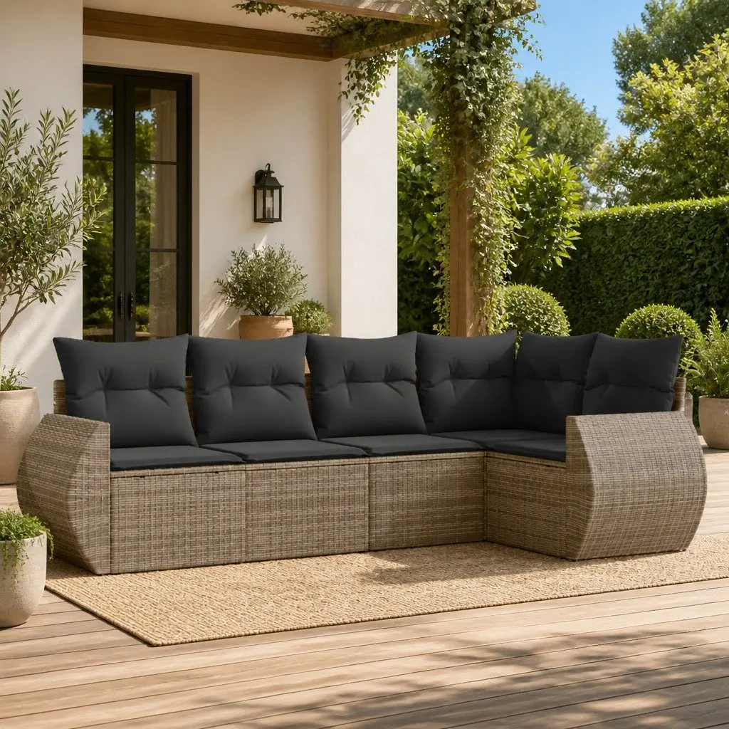 5 Piece Outdoor Garden Sofa Set PE Rattan Modular Grey with Cushions
