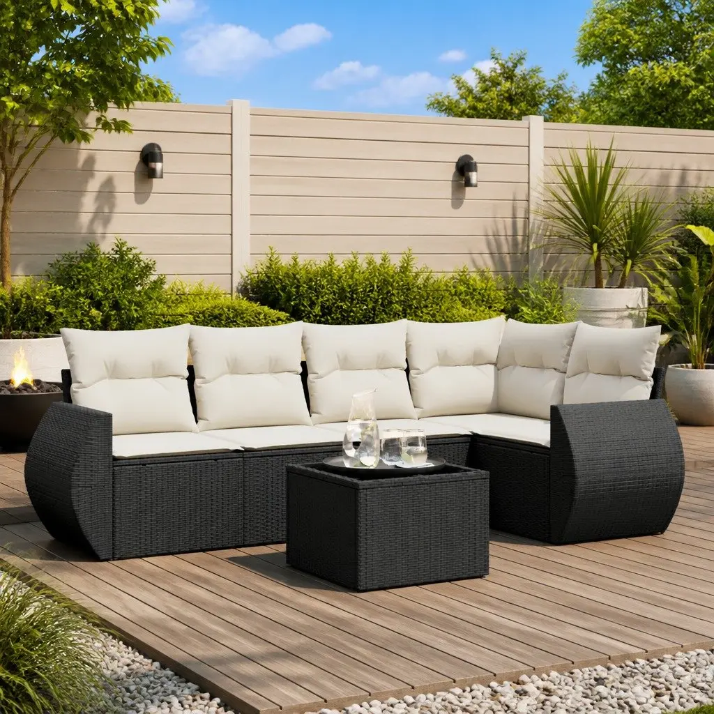 Outdoor Furniture Sofa Set Modular Black Poly Rattan 6 Piece with Cushions