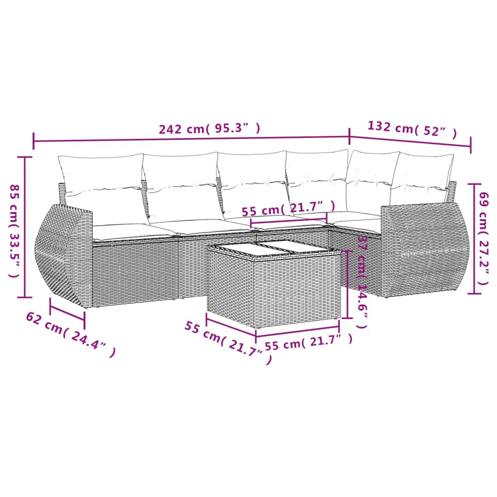 Outdoor Furniture Sofa Set Modular Black Poly Rattan 6 Piece with Cushions