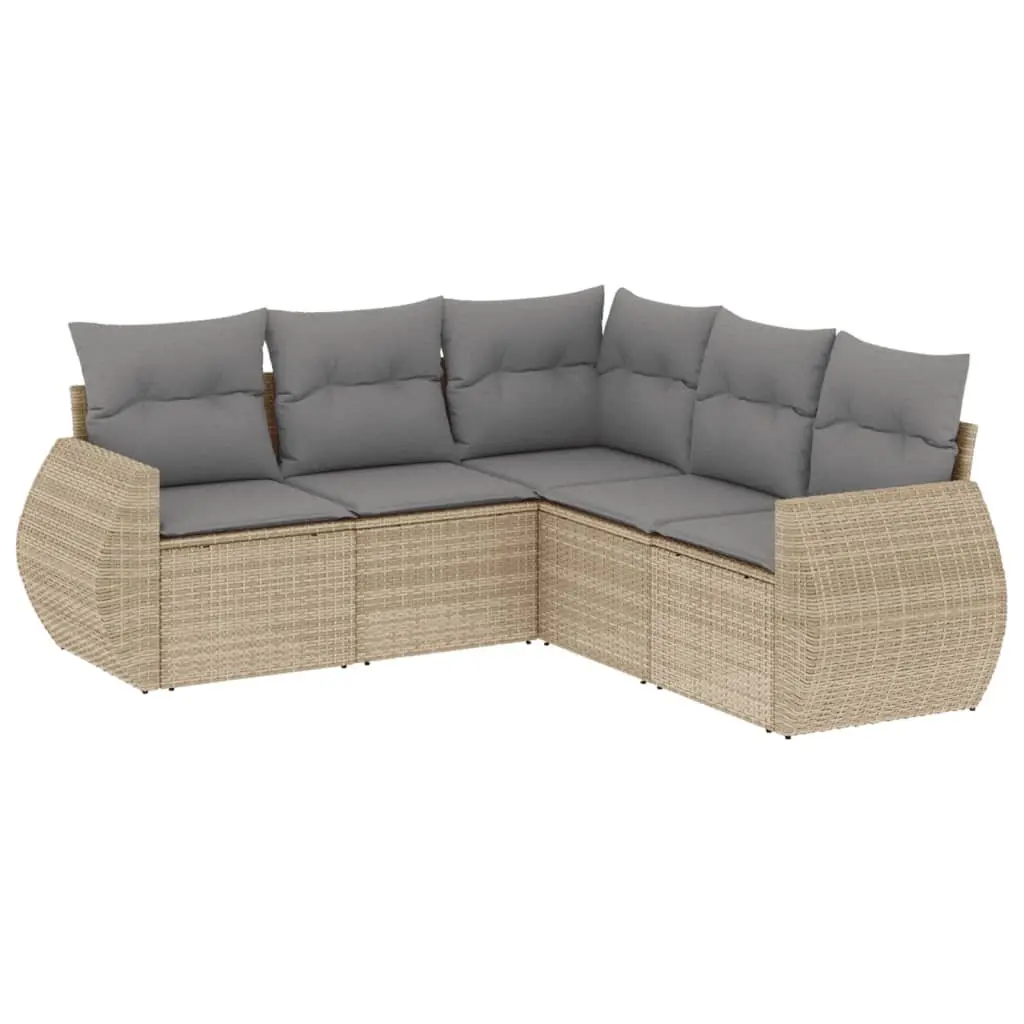 5 Piece Garden Sofa Set PE Rattan Modular Outdoor Furniture Beige Cushions