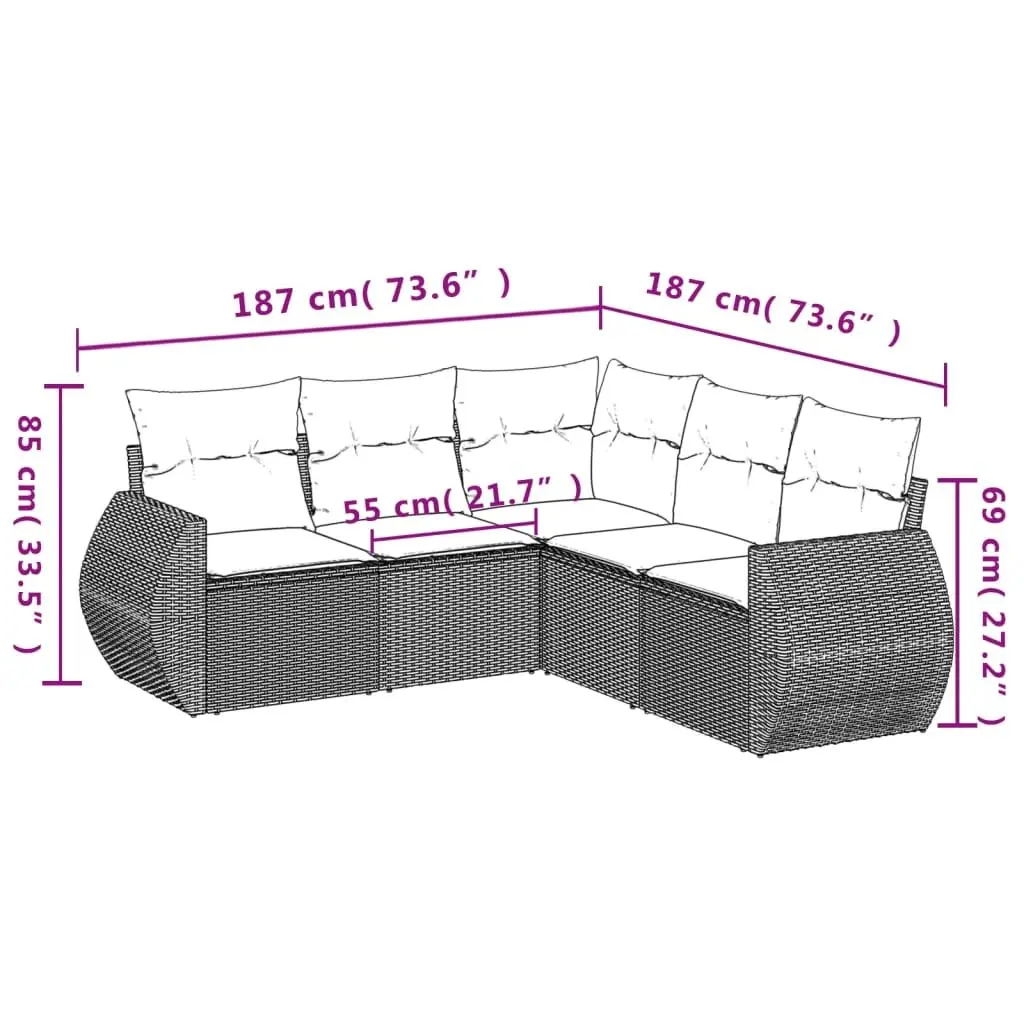 5 Piece Garden Sofa Set PE Rattan Grey Outdoor Furniture with Cushions