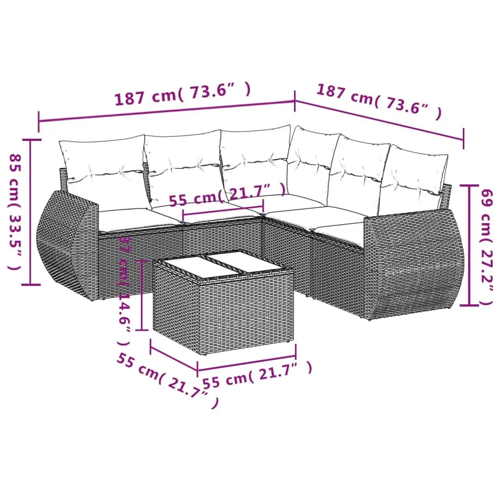 Garden Sofa Set Grey PE Rattan 6 Piece Outdoor Furniture with Cushions