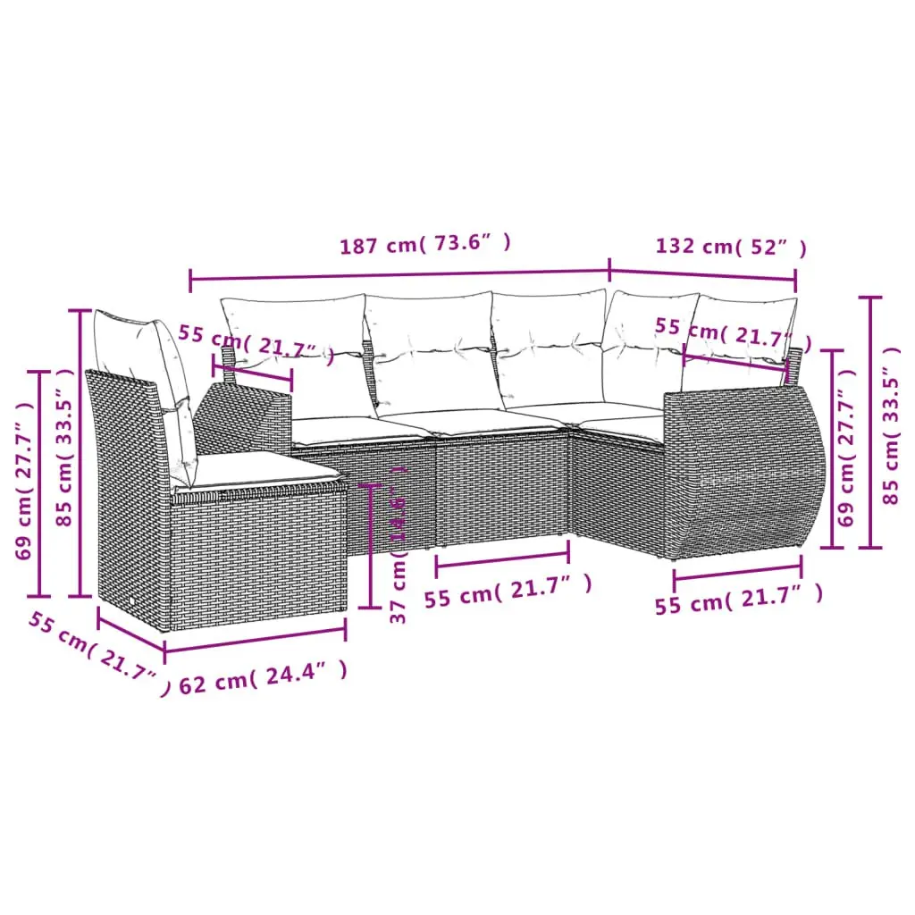 5 Piece Modular Outdoor Sofa Set Grey PE Rattan with Thick Cushions for Patio Garden Furniture