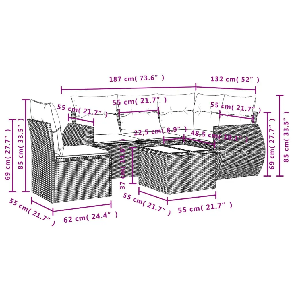 Garden Sofa Set Modular PE Rattan 6 Piece Outdoor Furniture Black with Cushions
