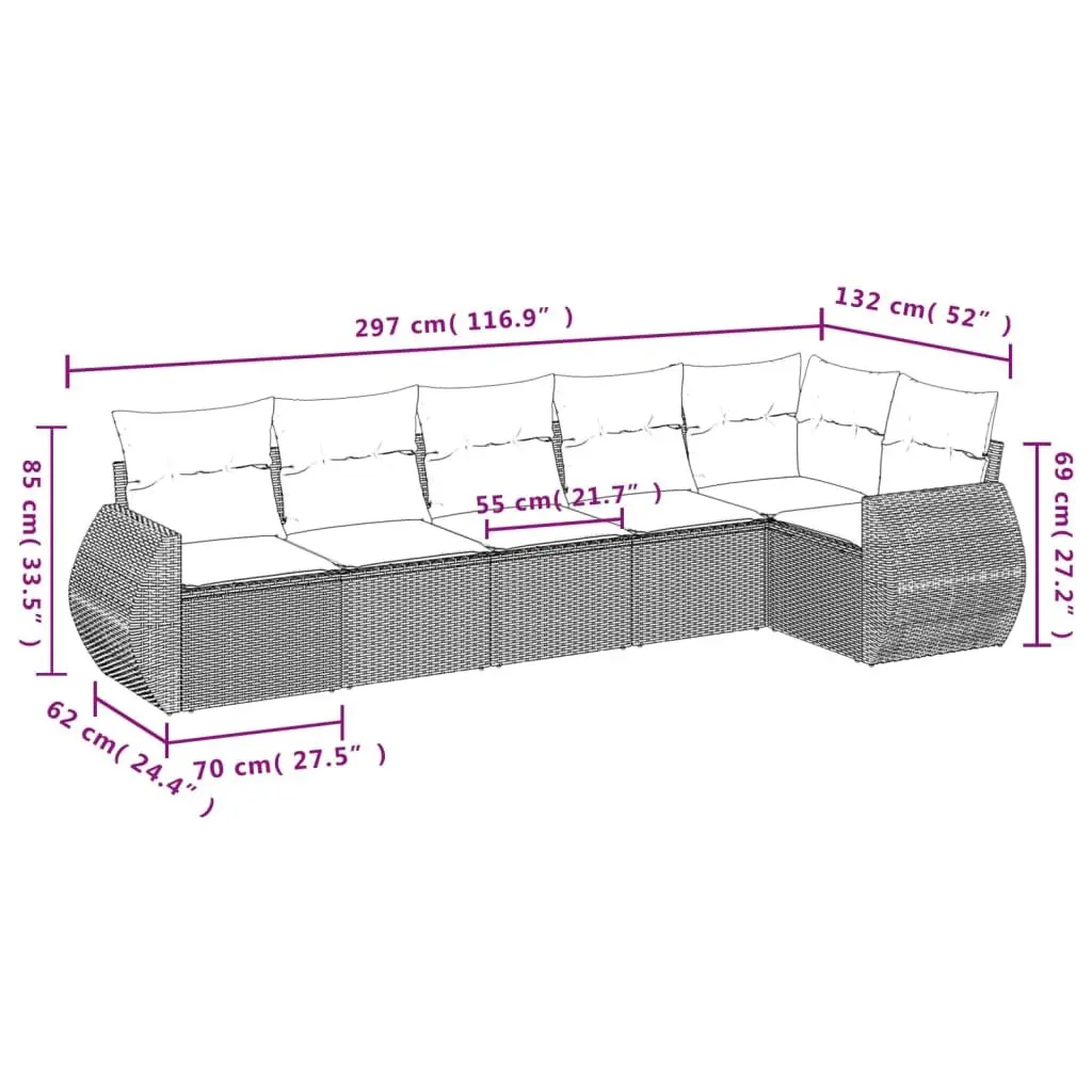 6 Piece Outdoor Garden Sofa Set Grey PE Rattan Modular Patio Furniture with Cushions