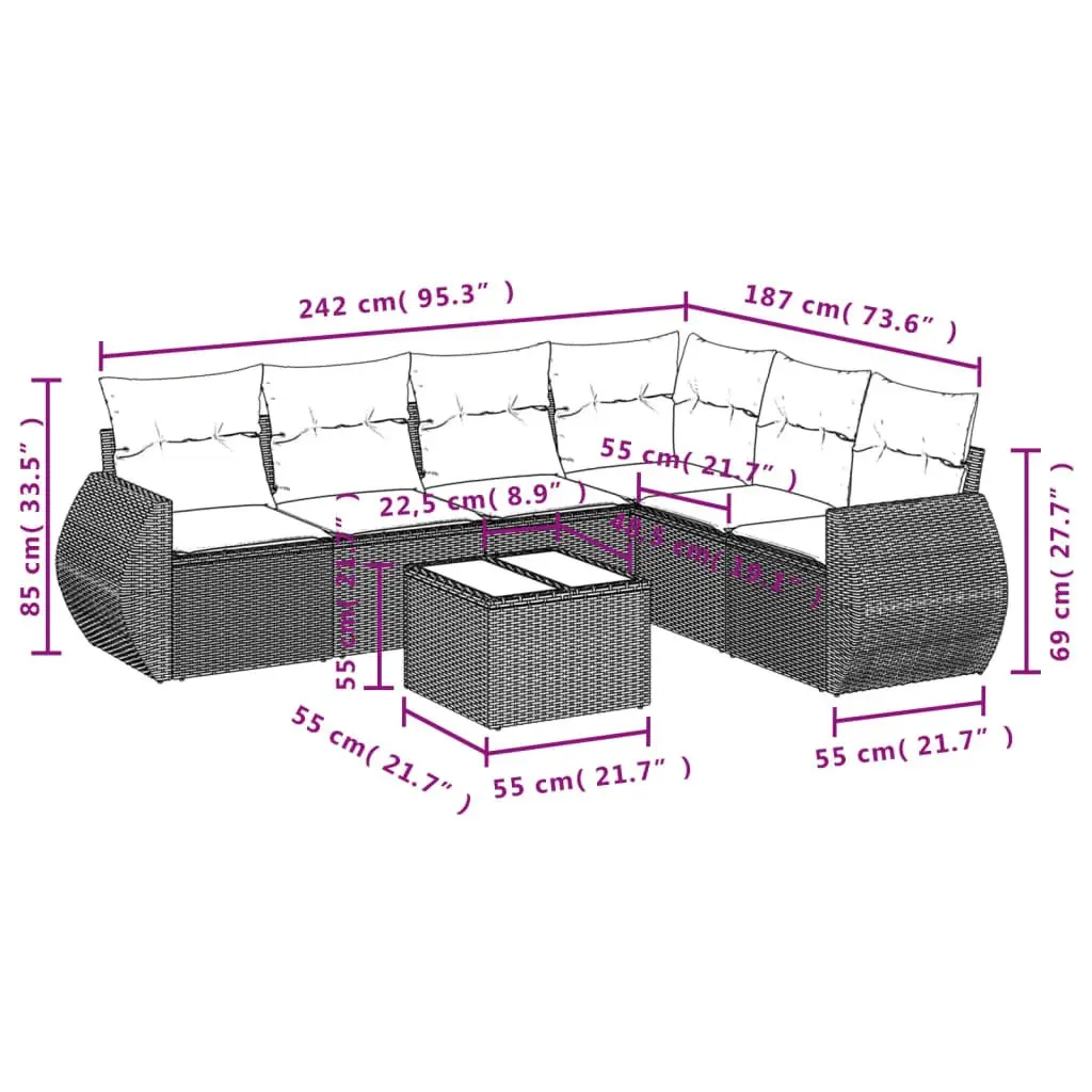 Garden Sofa Set 7 Piece Modular Black PE Rattan with Cushions