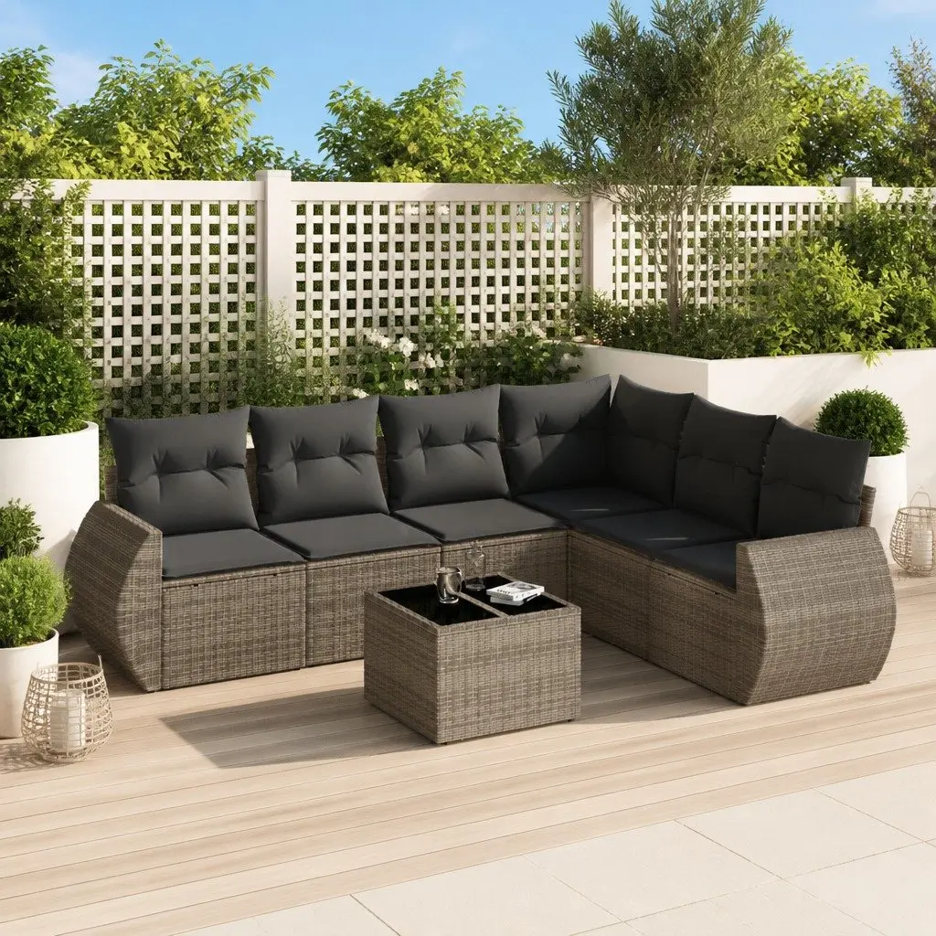 7 Piece Outdoor Garden Sofa Set Grey PE Rattan with Cushions and Tempered Glass Table Top