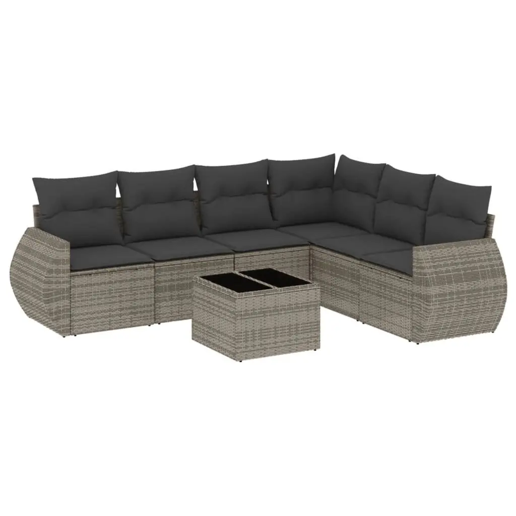 7 Piece Outdoor Garden Sofa Set Grey PE Rattan with Cushions and Tempered Glass Table Top