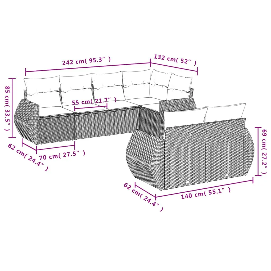 Outdoor Sectional Sofa Set PE Rattan 7 Piece Grey Modular