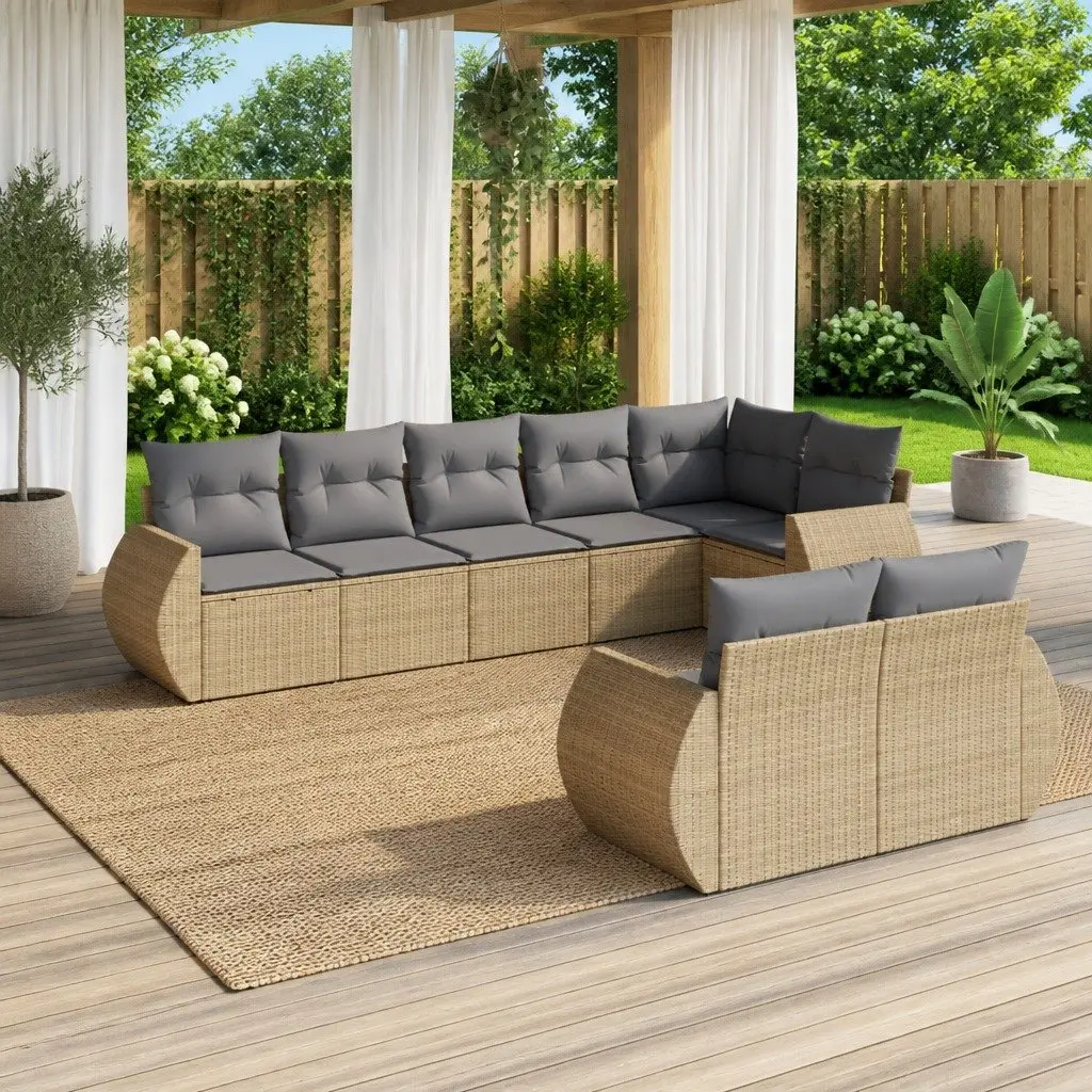 Outdoor Sectional Sofa Set PE Rattan 8 Piece Modular Beige Garden Furniture Patio Seating with Cushions