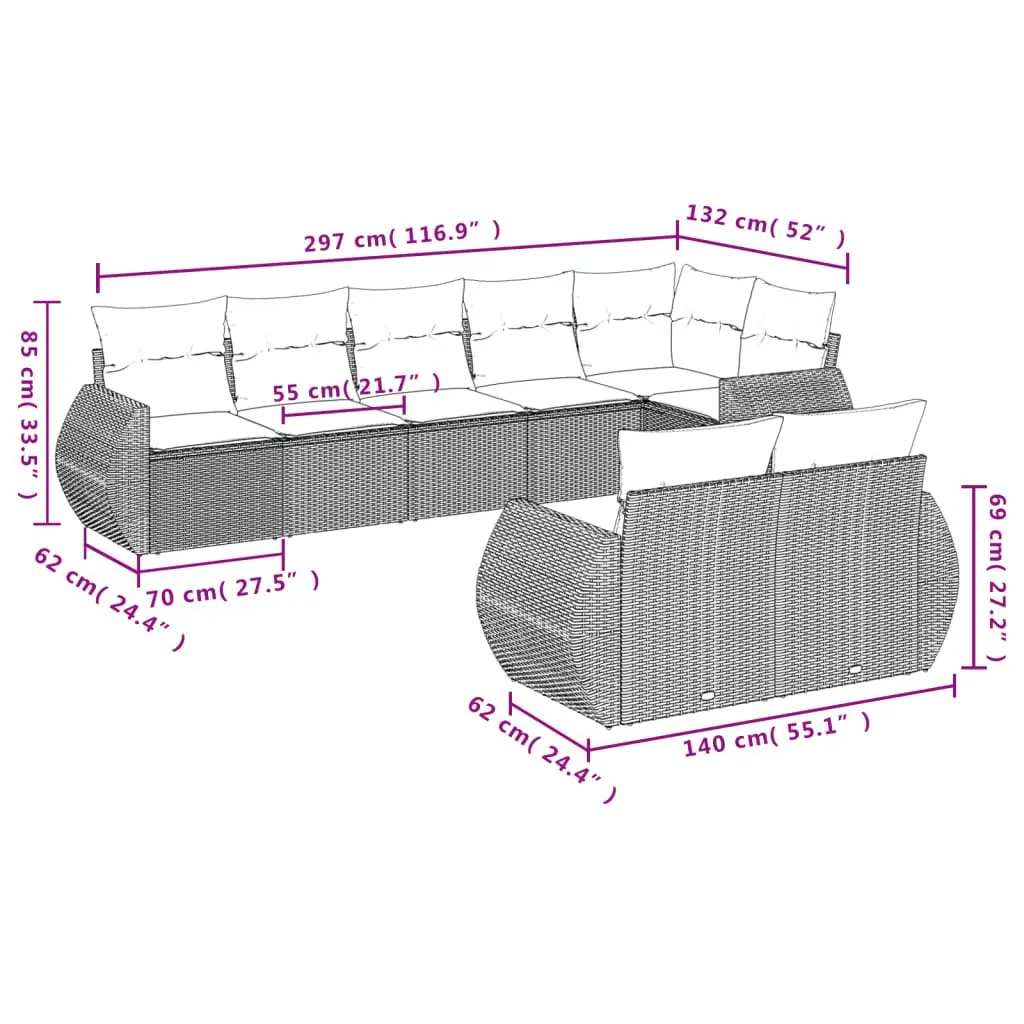 Outdoor Sectional Sofa Set PE Rattan 8 Piece Modular Beige Garden Furniture Patio Seating with Cushions
