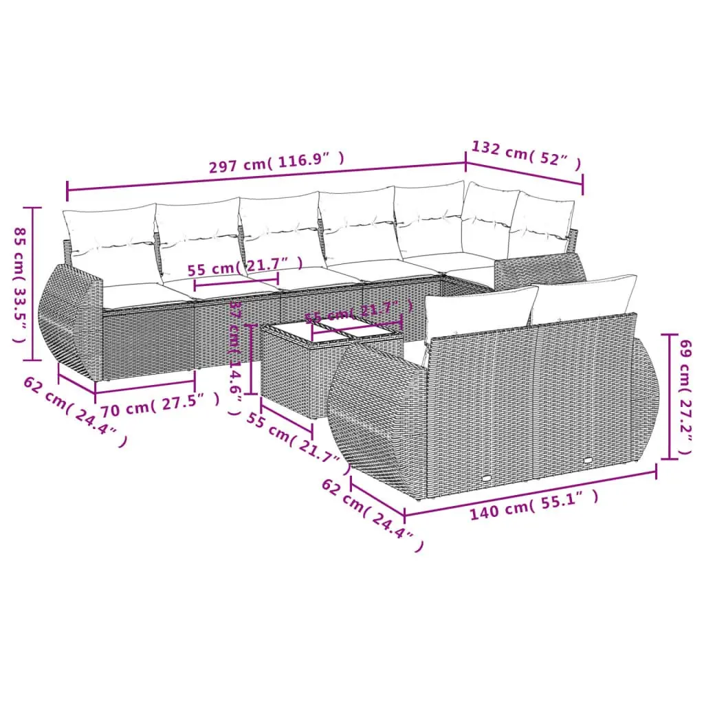 Outdoor Sectional Sofa Set PE Rattan 9 Piece Grey Garden Furniture