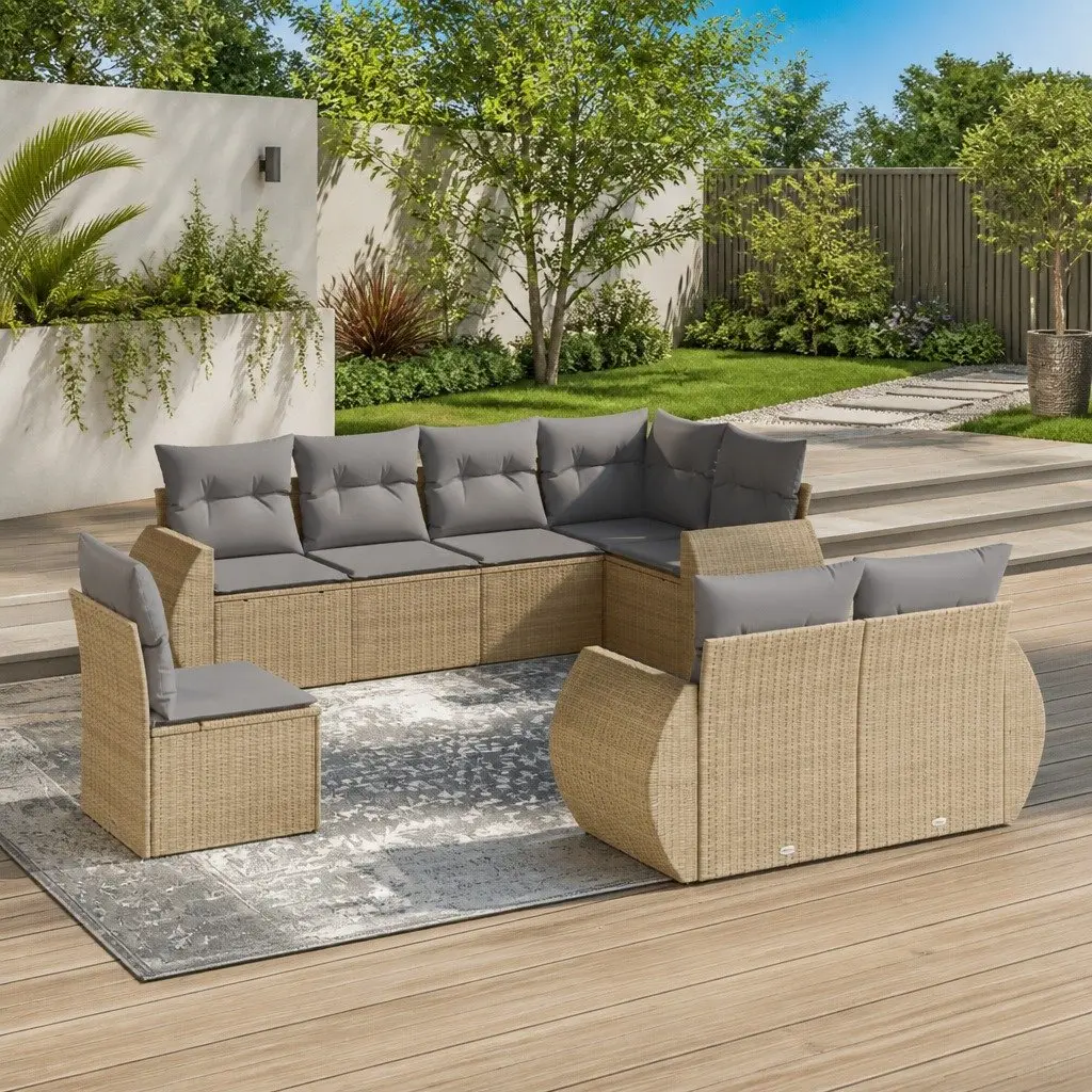 8 Piece Modular Outdoor Sofa Set Beige PE Rattan Construction with Thick Cushions for Garden and Patio