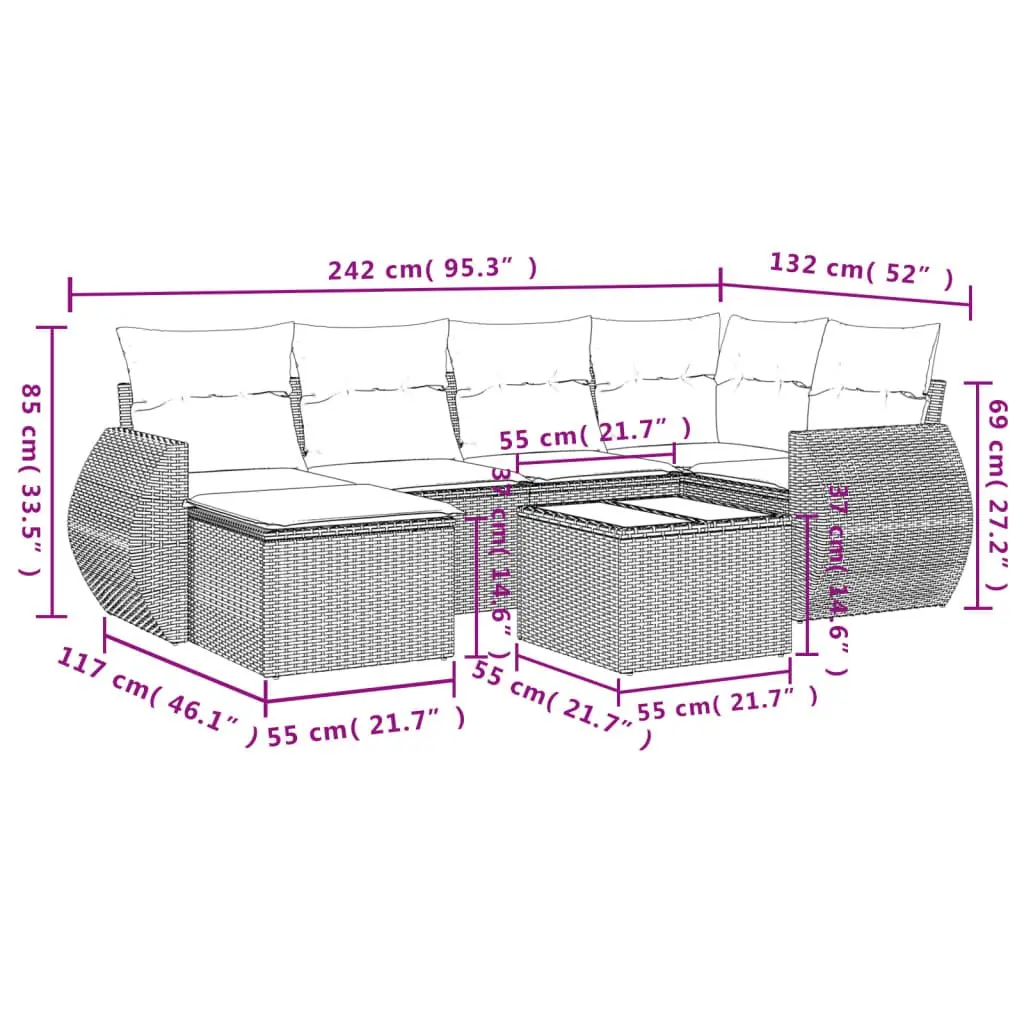 7 Piece Outdoor Sectional Sofa Set with Glass Table
