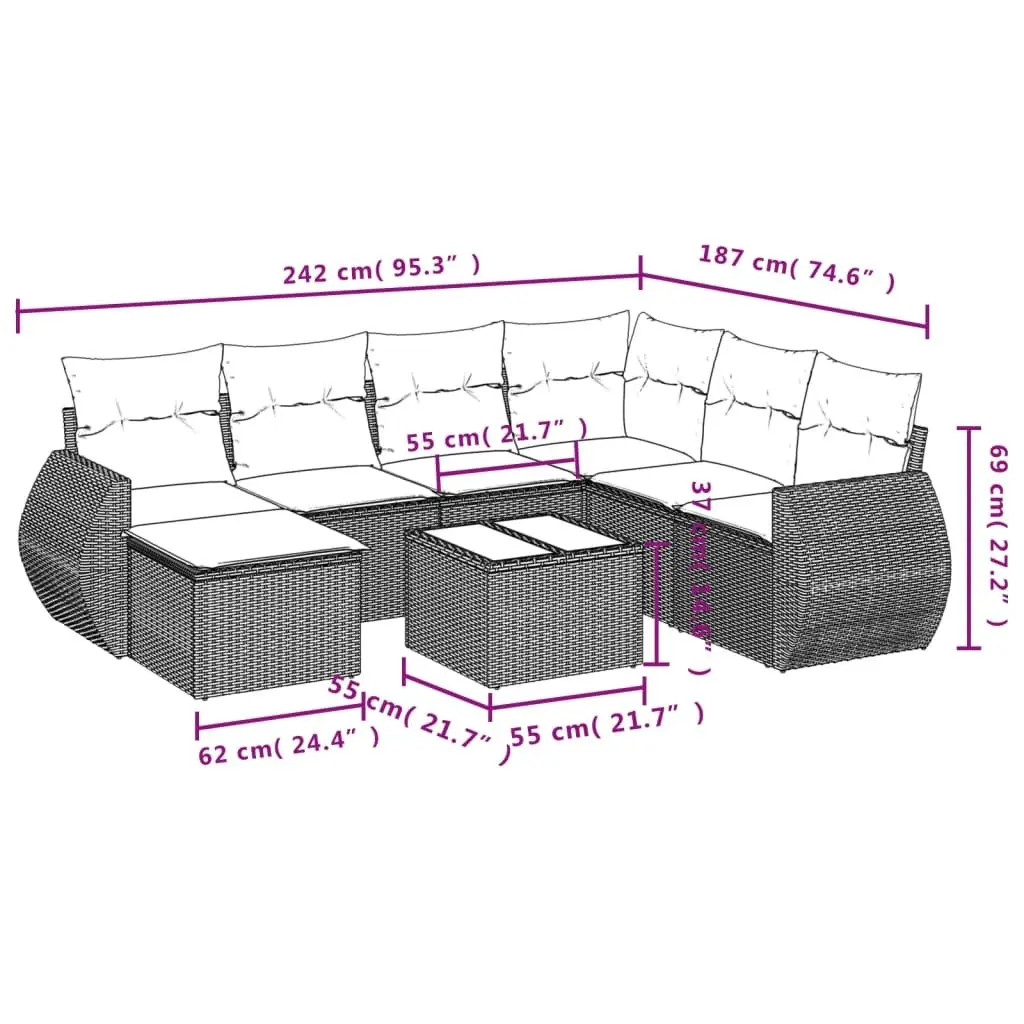 Outdoor Sectional Sofa Set 8 Piece Garden Furniture Black Poly Rattan Modular