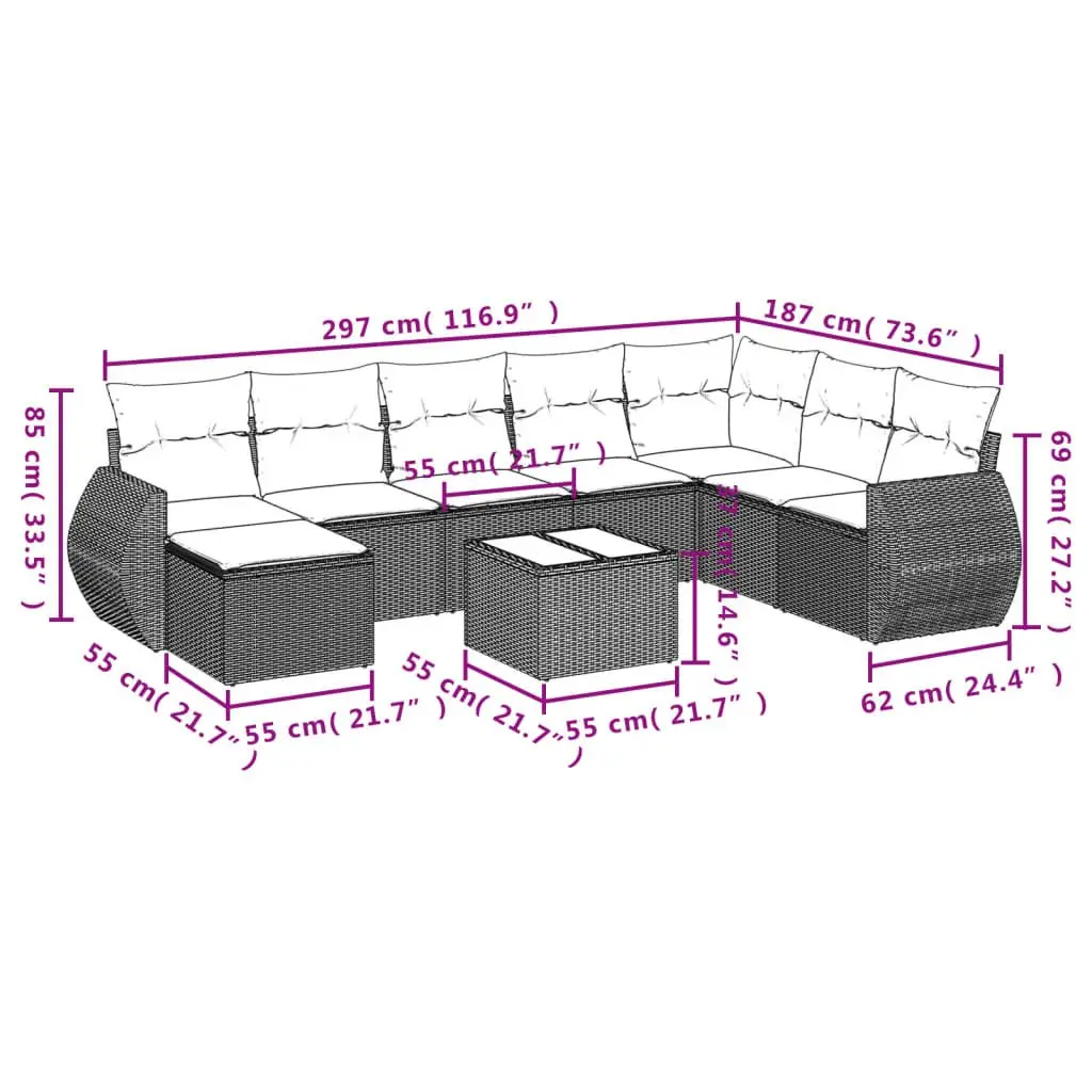 9 Piece Outdoor Sectional Sofa Set Grey PE Poly Rattan Garden Furniture