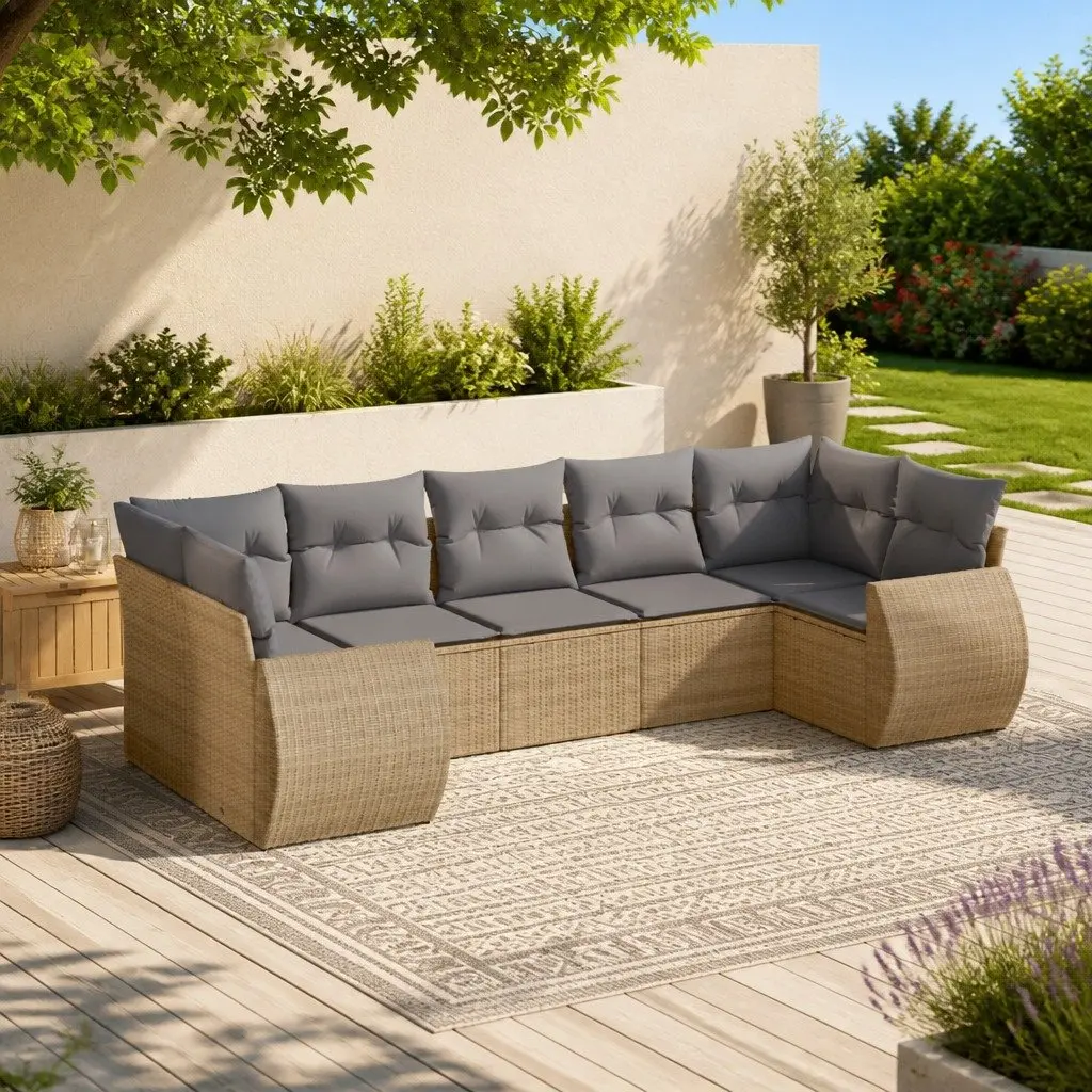 7 Piece Outdoor Garden Sofa Set PE Rattan Modular Sectional Seating with Cushions Beige