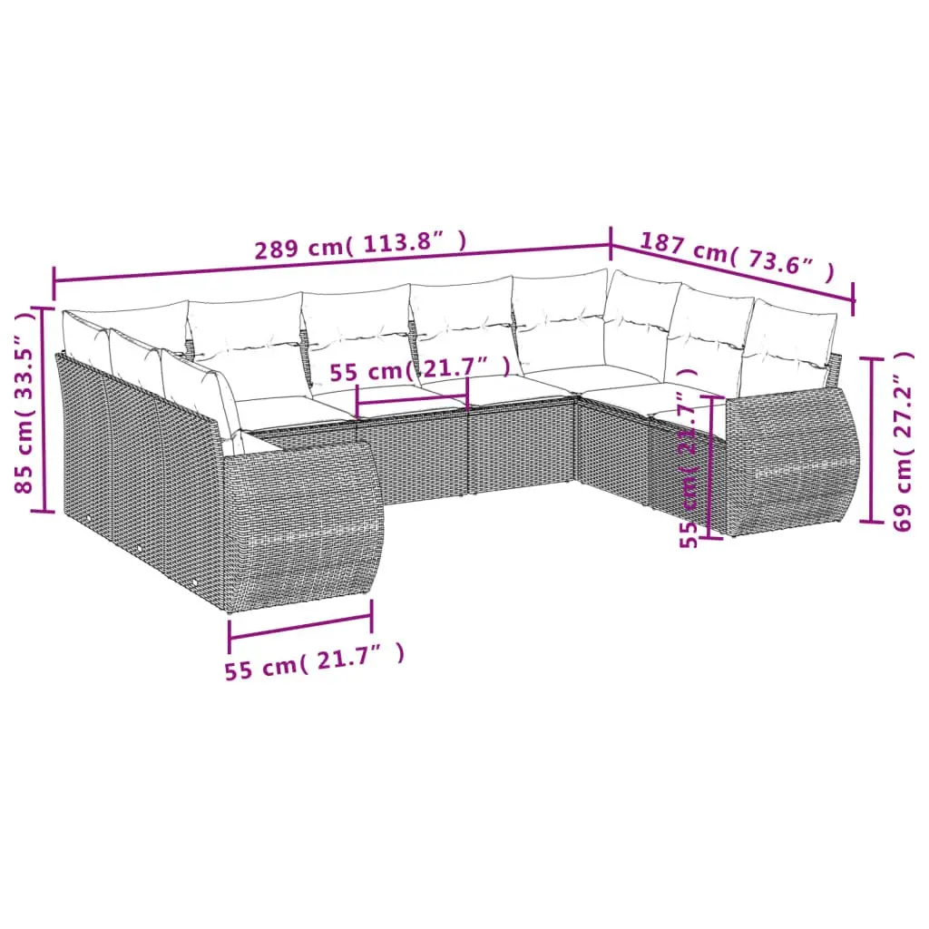 Outdoor Sectional Sofa Set PE Rattan 9 Piece Grey with Cushions