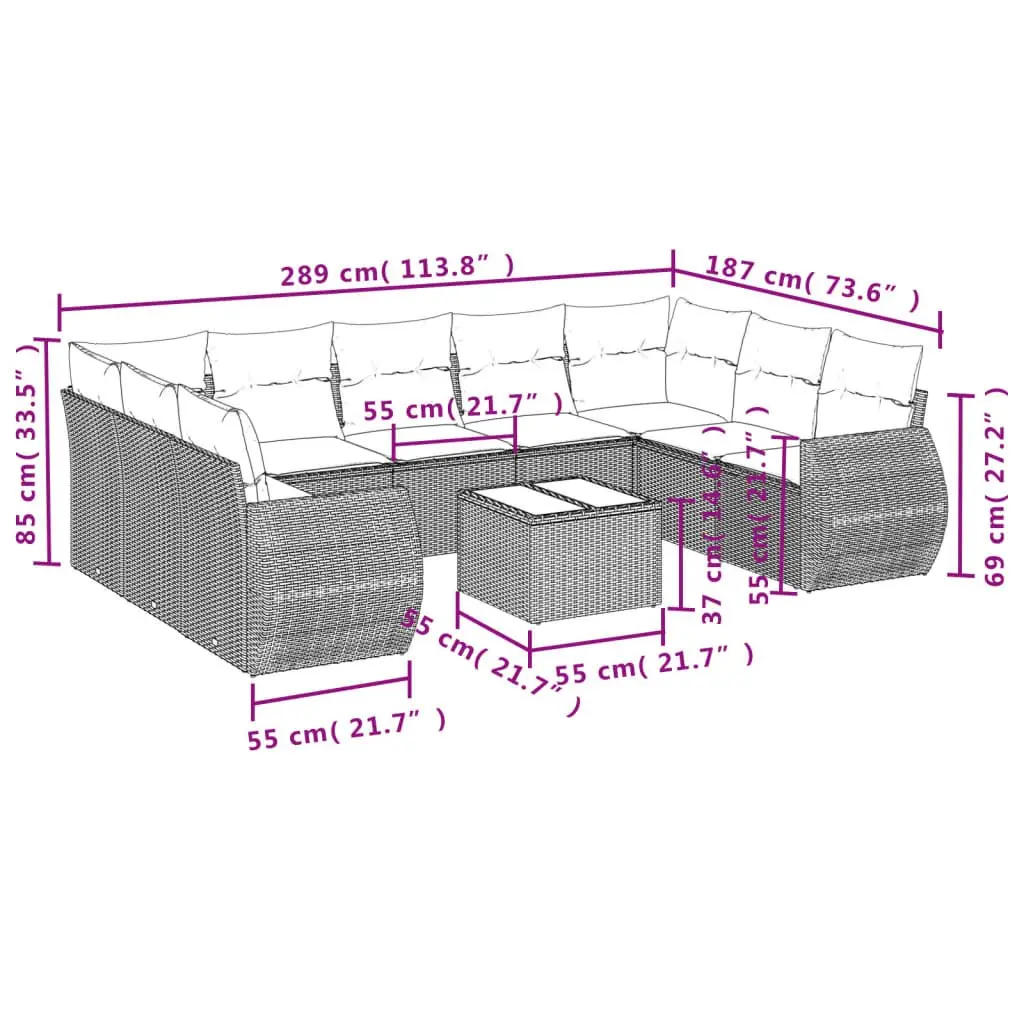 Outdoor Sectional Sofa Set 10 Piece Garden Furniture Black Poly Rattan with