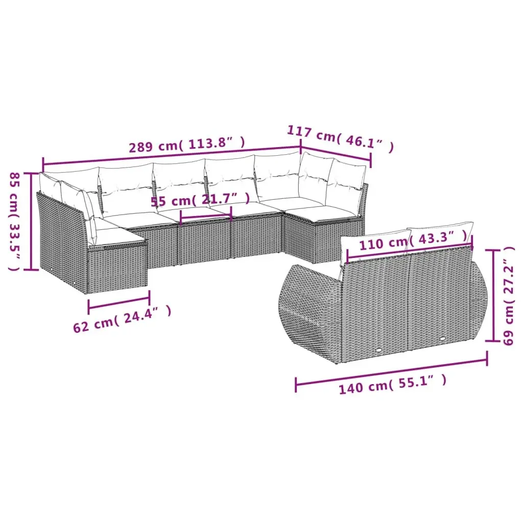 9 Piece Modular Outdoor Sectional Sofa Set PE Rattan Grey with Cushions