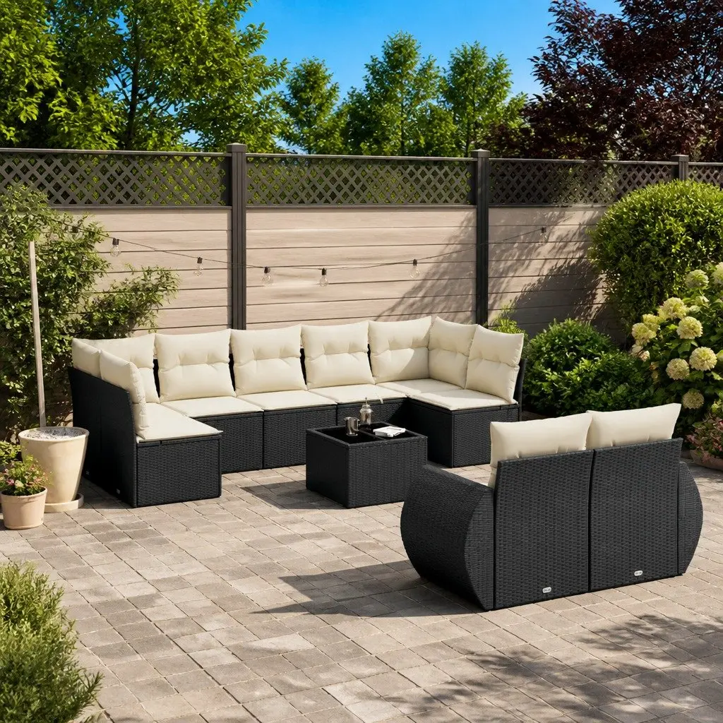 10 Piece Black Rattan Sofa Set for Outdoors