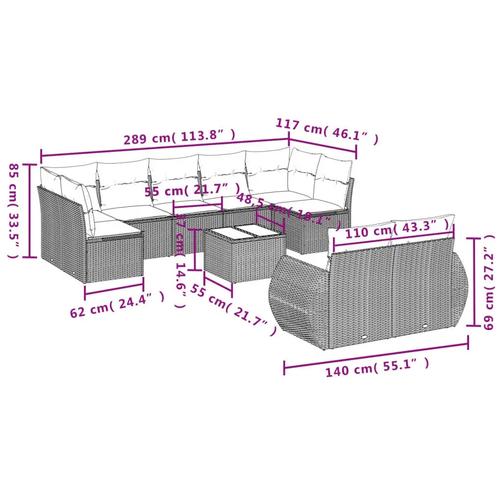 Outdoor Garden Sofa Set 10 Piece Grey Poly Rattan Patio Sectional with Cushions