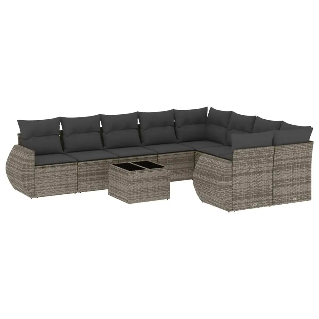 10 Piece Grey Modular Outdoor Sofa Set PE Poly Rattan with Tempered Glass Table Top and Thick Cushions for Garden and Patio