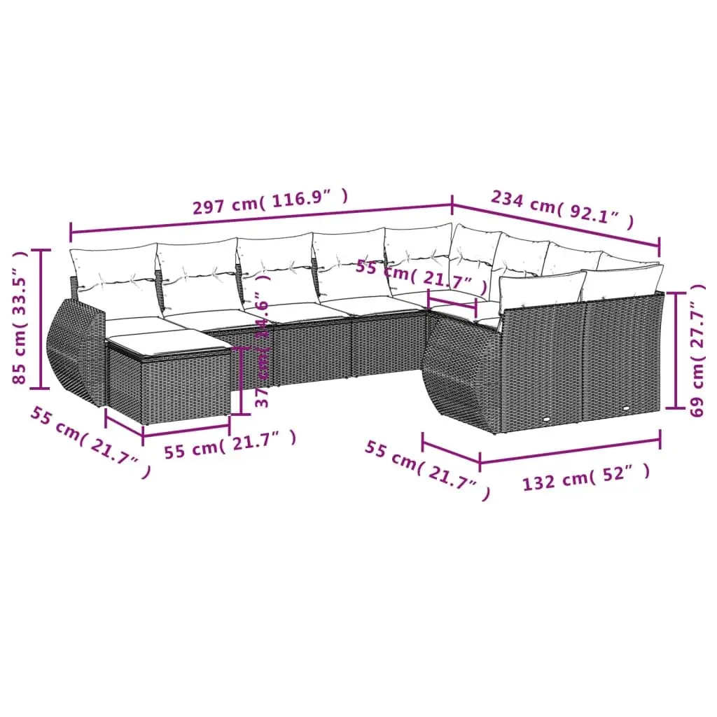 Outdoor Sectional Sofa Set 10 Piece PE Rattan Black with Tempered Glass Tabletop
