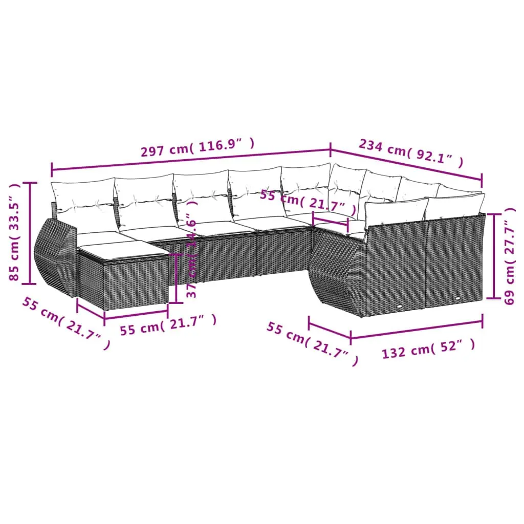 Outdoor Sofa Set 10 Piece Modular Grey PE Rattan Sectional Patio Furniture