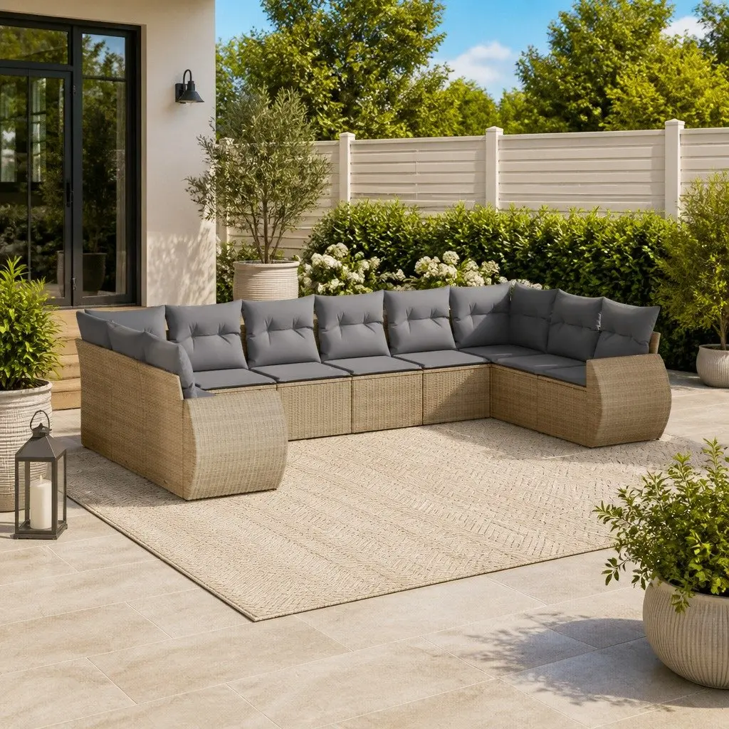 Outdoor Sectional Sofa Set PE Rattan 10 Piece Modular Beige with Cushions