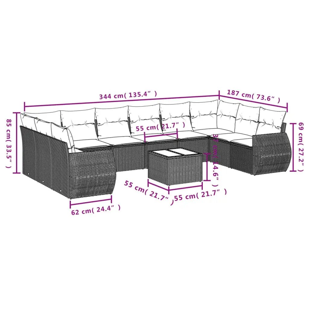 Outdoor Sectional Sofa Set PE Rattan 10 Piece Modular Beige with Cushions