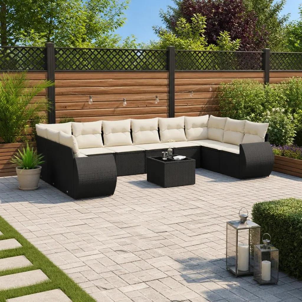 11 Piece Black Modular Outdoor Sofa Set with PE Rattan Construction and Tempered Glass Table Top