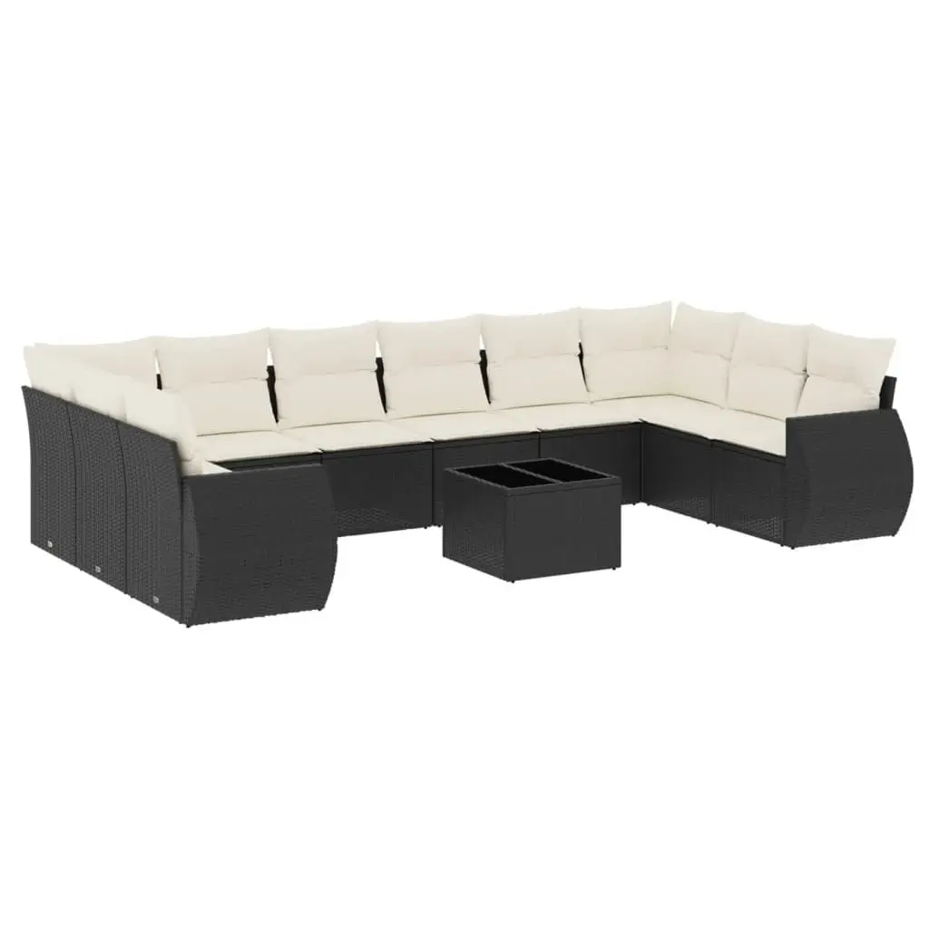 11 Piece Black Modular Outdoor Sofa Set with PE Rattan Construction and Tempered Glass Table Top