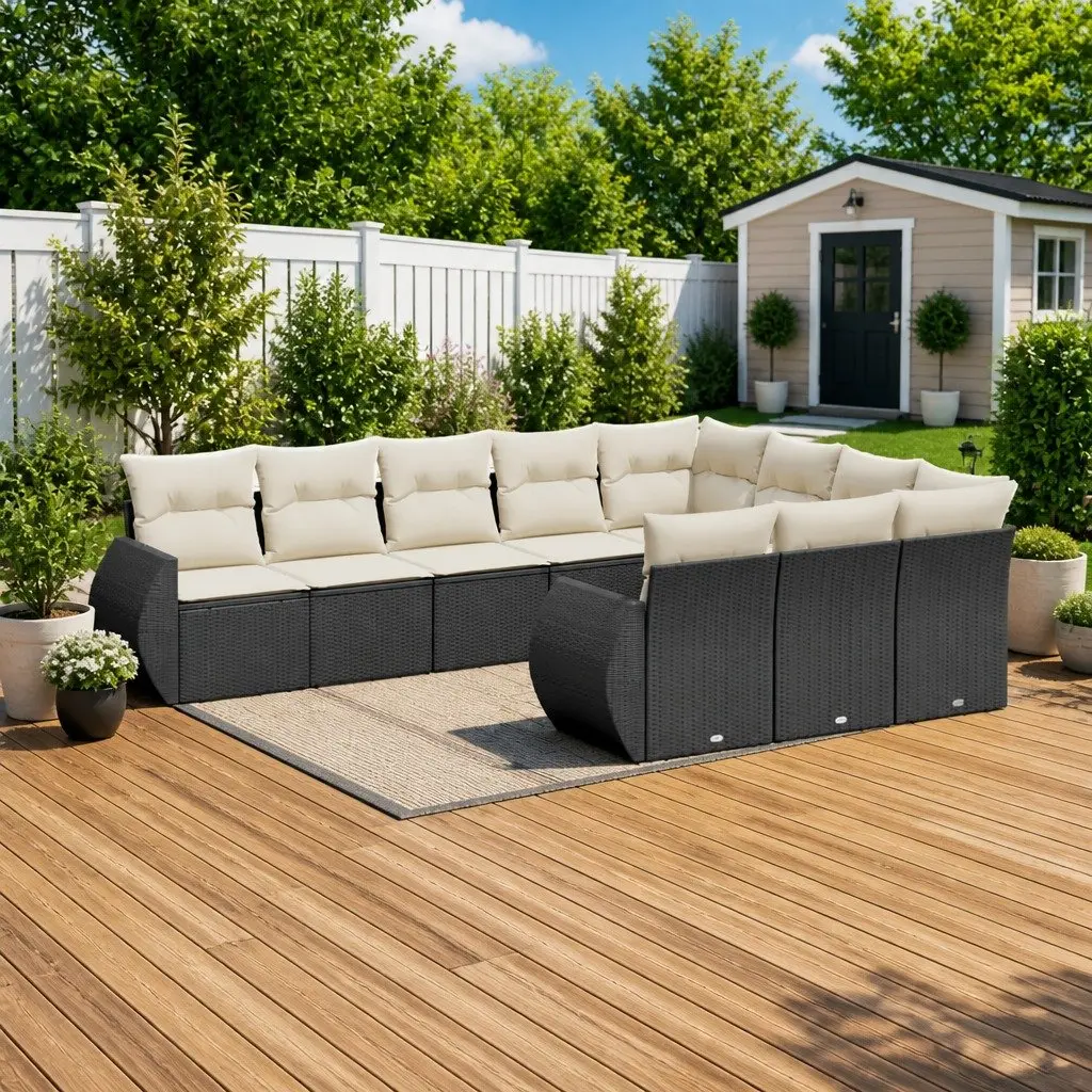 Outdoor Sectional Sofa Set 10 Piece Garden Furniture Black Poly Rattan with