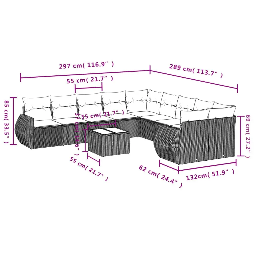 Outdoor Sectional Sofa Set 11 Piece Garden Furniture Black Poly Rattan Patio