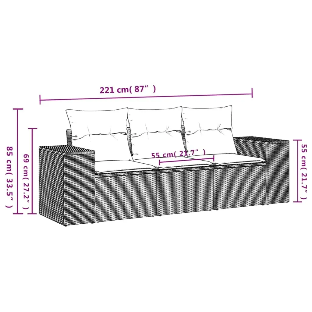 3 Piece Outdoor Sectional Sofa Set PE Rattan Black with Cushions