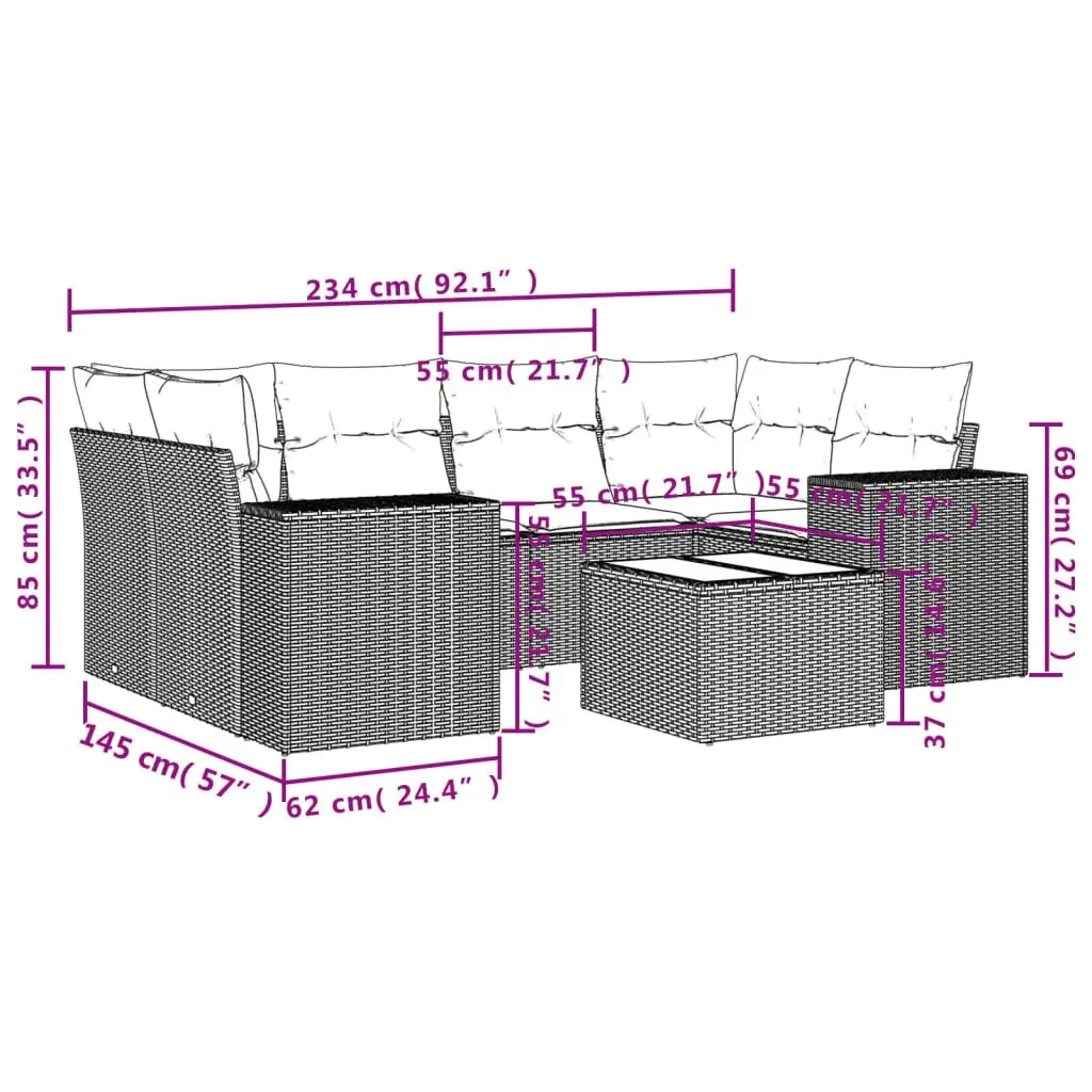 Outdoor Sectional Sofa Set 7 Piece Garden Furniture Black Poly Rattan with