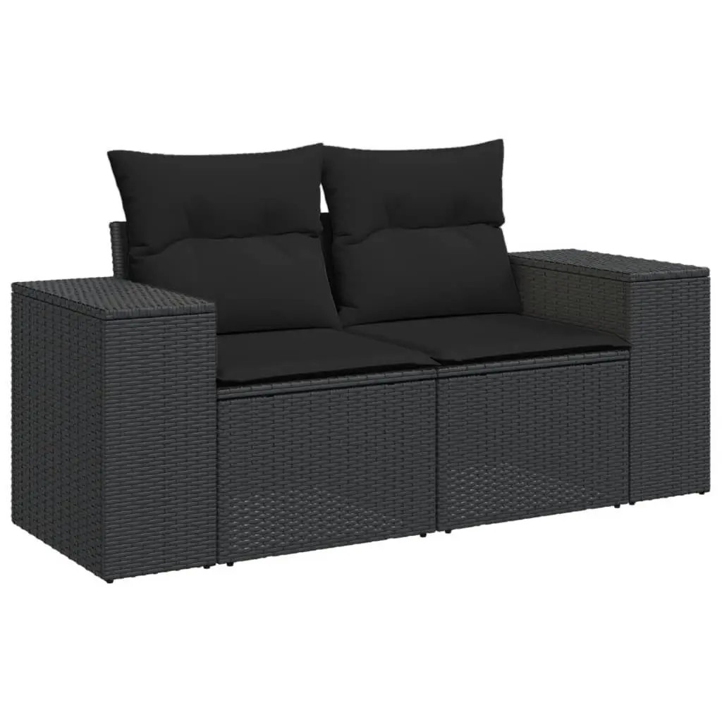 Outdoor Sectional Sofa Set 8 Piece PE Rattan Black with Tempered Glass Table and Padded Cushions