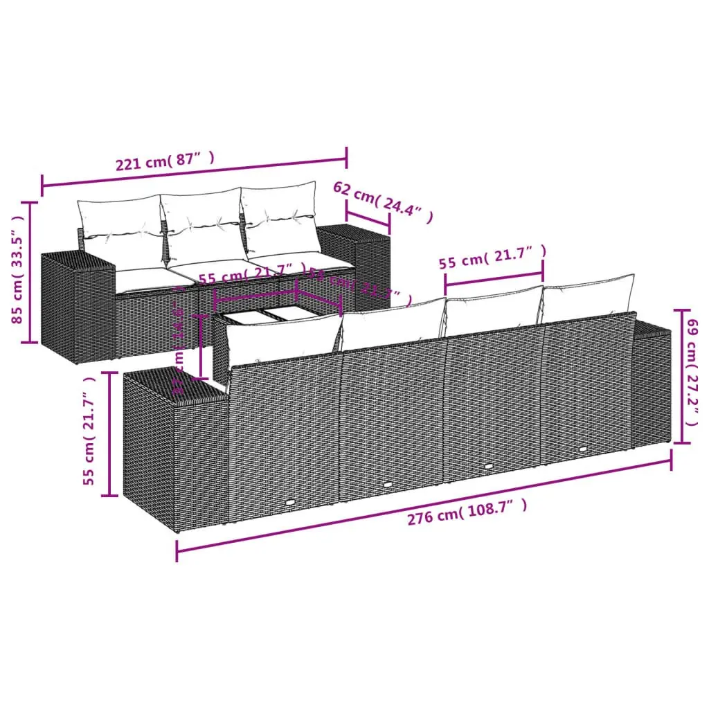 Outdoor Sectional Sofa Set 8 Piece PE Rattan Black with Tempered Glass Table and Padded Cushions