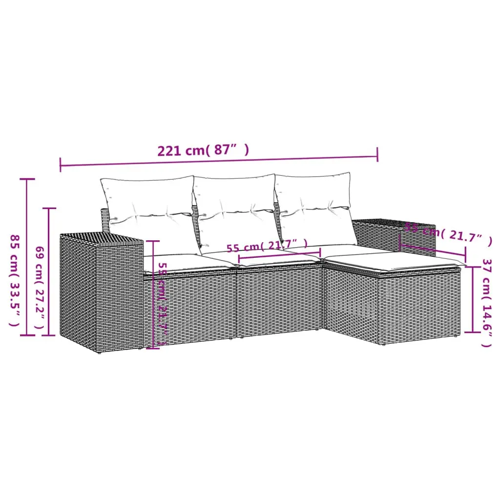 4 Piece Outdoor Sectional Sofa Set PE Rattan Black Garden Furniture