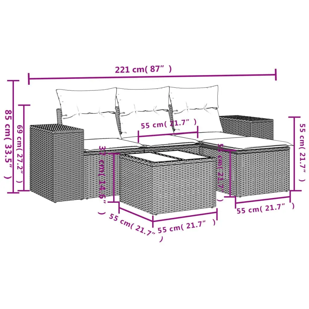 5 Piece Outdoor Sectional Sofa Set Grey PE Rattan with Tempered Glass Table
