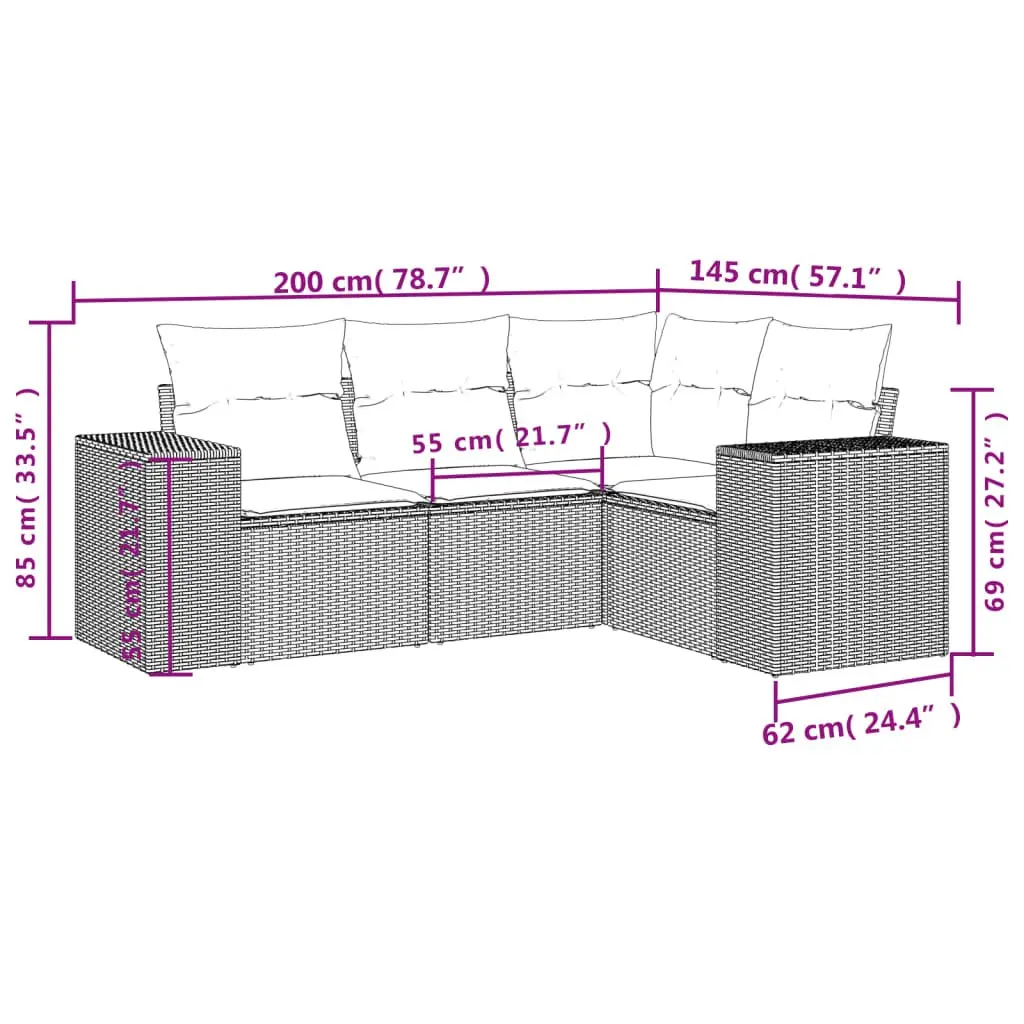 4-Piece Grey Rattan Sofa for Outdoor Use