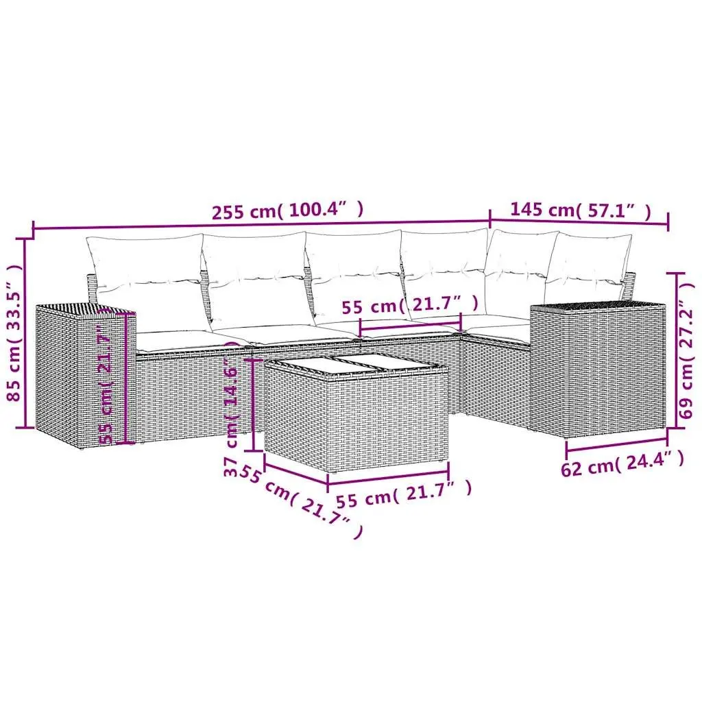 Outdoor Sectional Sofa Set Modular Grey PE Rattan 6 Piece with Cushions