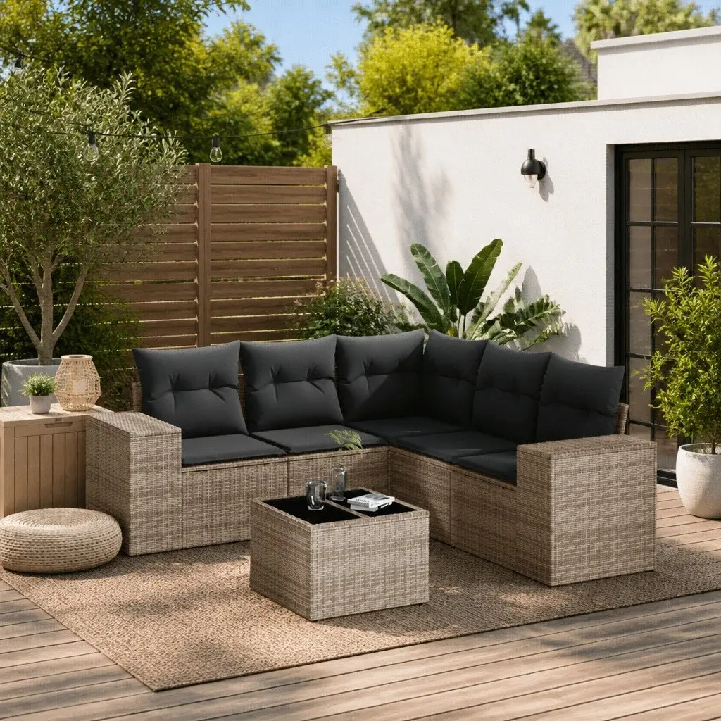 6 Piece Outdoor Modular Furniture Set Grey PE Rattan Sofa with Cushions and Glass Top Table for Patio Garden