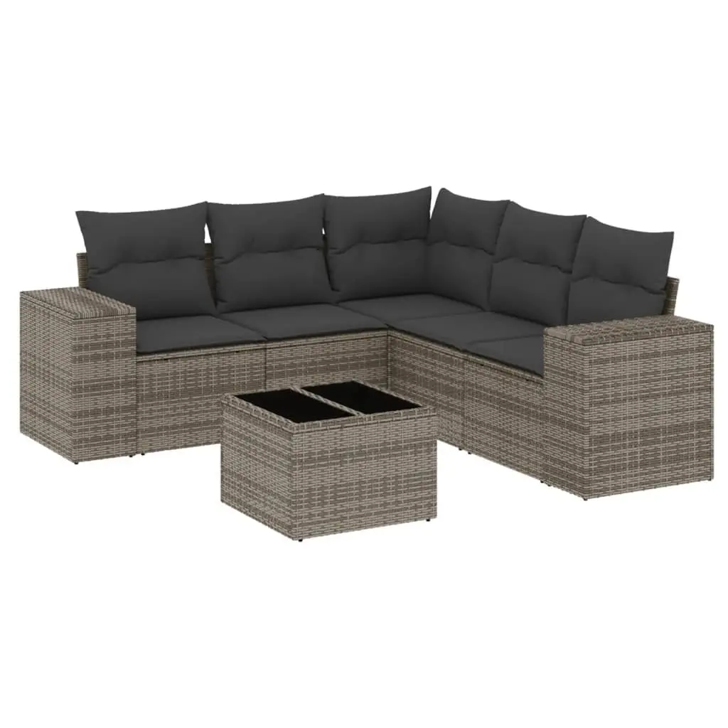 6 Piece Outdoor Modular Furniture Set Grey PE Rattan Sofa with Cushions and Glass Top Table for Patio Garden