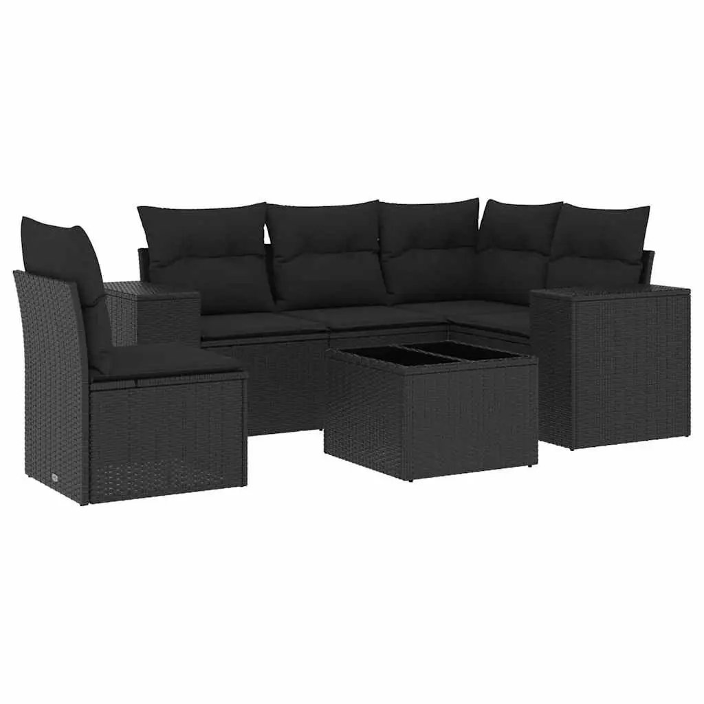 Outdoor Furniture Set 6 Piece Modular Black PE Rattan Sofa with Thick Cushions and Tempered Glass Top for Patio Garden