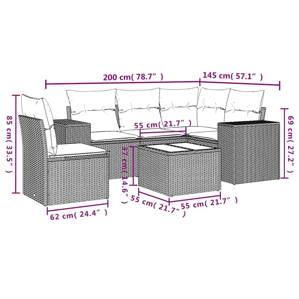 Outdoor Furniture Set 6 Piece Modular Black PE Rattan Sofa with Thick Cushions and Tempered Glass Top for Patio Garden