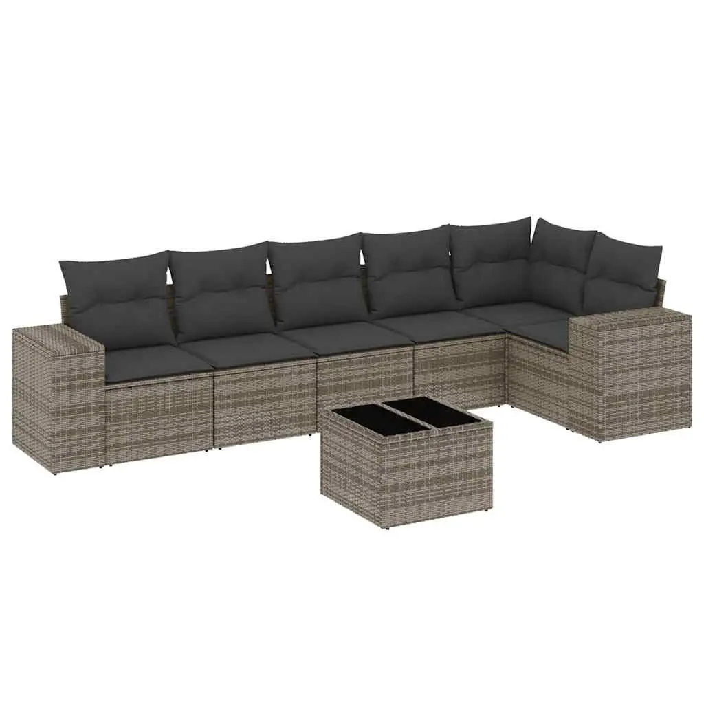 7 Piece Modular Outdoor Rattan Sofa Set with Cushions Grey Weather Resistant and Easy to Clean Tempered Glass Top
