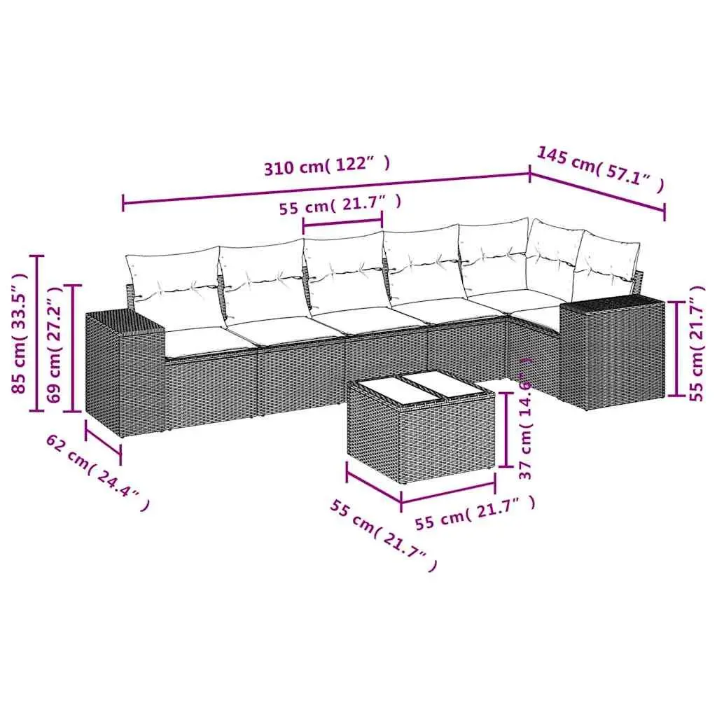 7 Piece Modular Outdoor Rattan Sofa Set with Cushions Grey Weather Resistant and Easy to Clean Tempered Glass Top